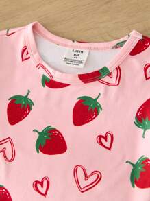 SHEIN Bộ 2 món/Bộ áo thun tay ngắn cổ tròn in họa tiết dâu tây và quần legging in họa tiết cho bé gái - Hồng - Xem 5