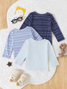 SHEIN 3pcs/Set Baby Boy Casual Striped Long Sleeve Crew Neck Loose Pullover Top, Comfortable & Versatile For Outdoor & Sports, Spring Autumn - Multicolor - View 2