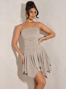 SHEIN BAE Gaun Rajut Viscose Polos Wanita Nyaman Serbaguna Minimalis untuk Sehari-hari dengan Hem Berkerut Asimetris, Musim Semi/Panas - Grey - View 6