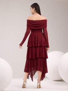 Modelyn Women's Solid Color Pleated Off Shoulder Long Sleeve Tiered Ruffle Hem Dress - Red - View 3