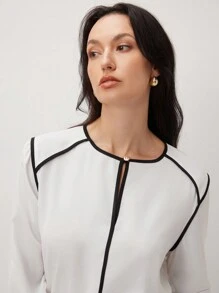 BizChic 女士白色通勤衬衫，带黑线图案分割，优雅长袖衬衫，适合春夏季，毕业