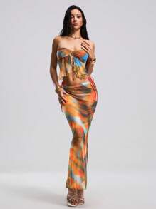 Swim EVENT 2pcs Set Women Summer Beach Party Tie-Dye Cropped Bustier Top And Mermaid Hem Skirt Cover Up Set (Purchased Copyright) - Multicolor - View 4