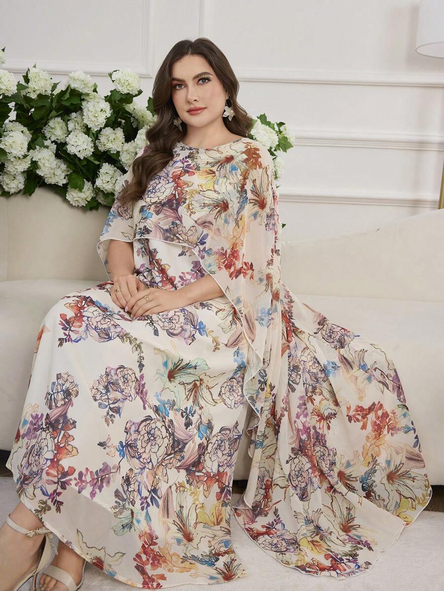 Modelyn Plus Size Floral Print Chiffon Elegant Dress - Multicolor - View 1