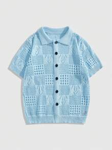 ROMWE MEN Casual Men's Floral Pattern Splice Turndown Collar Cardigan, Vacation - Baby Blue - View 1