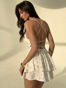 Aloruh Nuevo mono ajustado y sexy con espalda descubierta, cruce y anudado, con mini estampado floral - Naranja - Ver 2