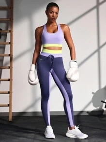 Powerista Damen Leggings mit Buchstaben-Muster, Farbblockdesign und Tunnelzug in der Taille für Fitness und Yoga - Violett - Übersicht 6