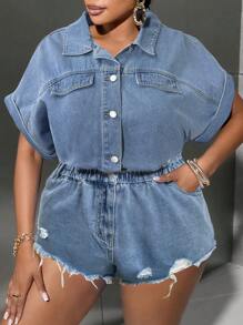 SHEIN SXY 大码破洞蓝色牛仔连体裤，休闲宽松短袖连身裤