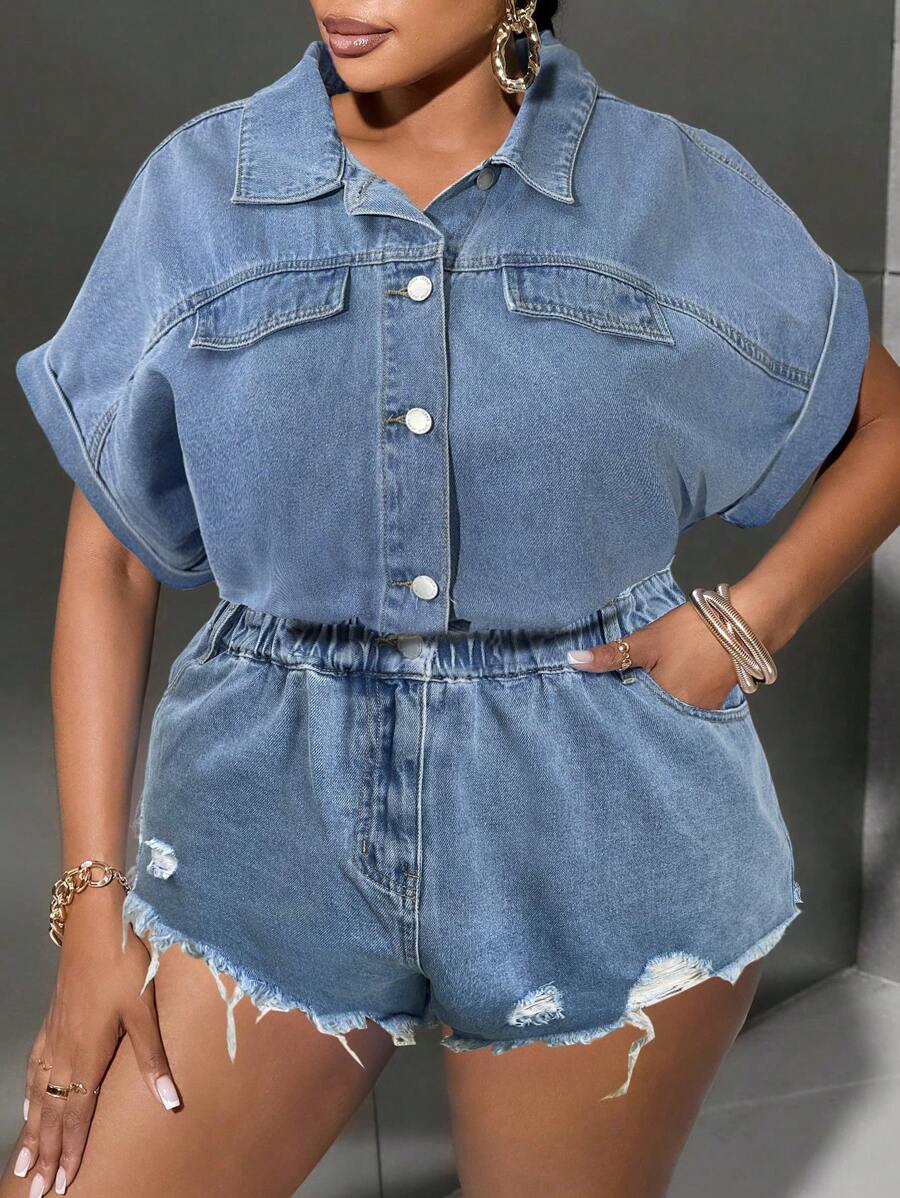 SHEIN SXY 大码破洞蓝色牛仔连体裤，休闲宽松短袖连身裤