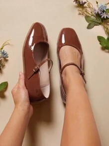 SHUZIA 畅销女士可调节绑带法式优雅方头巧克力色玛丽珍平底鞋——经典、优雅、百搭 - 巧克力棕 - 查看 3