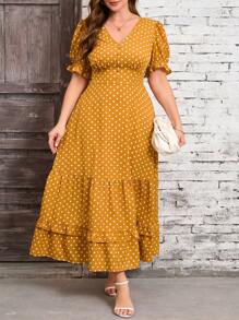 SHEIN Clasi Plus Size Women's Yellow Polka Dot Print Ruffle Hem Elegant Dress, Women's Resort Wear, Women's Summer Dress, Women's Business Casual Wear, Going Out Wear, Women's Office Wear, Women's Spring Dress, Festival Wear, Old Money Wear, Polka Dot Dress Women's Plain Wear, Romantic Dress, Women's Floral Dress - Yellow - View 1