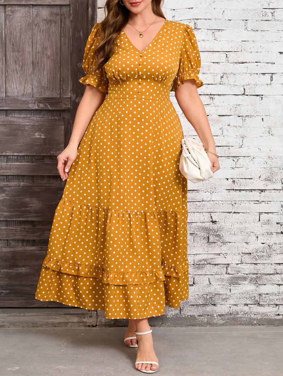 SHEIN Clasi Plus Size Women's Yellow Polka Dot Print Ruffle Hem Elegant Dress, Women's Resort Wear, Women's Summer Dress, Women's Business Casual Wear, Going Out Wear, Women's Office Wear, Women's Spring Dress, Festival Wear, Old Money Wear, Polka Dot Dress Women's Plain Wear, Romantic Dress, Women's Floral Dress - Yellow - View 1