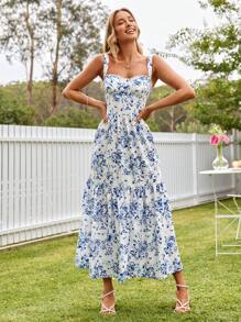 KARISMINA 情人节女士度假编织花卉印花细肩带连衣裙，女士度假装 - 藍色 - 查看 5