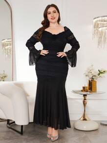 Modelyn Elegant Lace V-Neck 3D Floral Decor Fitted Long Sleeve Plus Size Dress, Suitable For Spring & Summer Fall Cloth For Women - Black - View 3