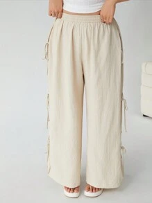 Solflare Plus Size Apricot Straight Leg Casual Pants, Minimalist Fashion For Everyday Wear For Summer