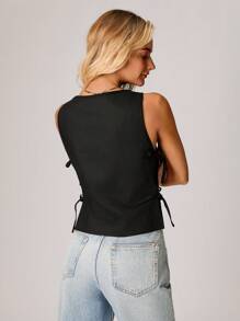 SHEIN Forever 21 女士休闲纯色侧开衩系带无袖衬衫 - 黑色 - 查看 2
