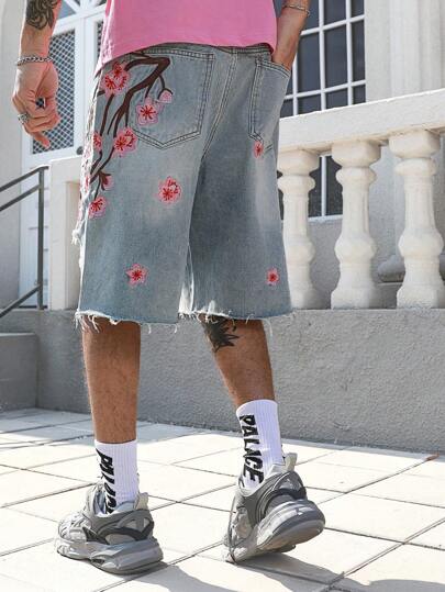 Street Life Men's Floral Embroidery Loose Denim Shorts Jorts