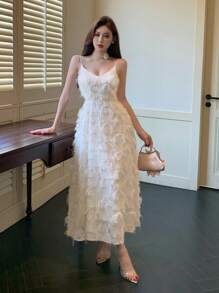 DAZY 女士优雅纯色流苏吊带中长连衣裙太阳裙，正式女士连衣裙 - 米色 - 查看 4
