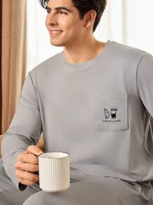 Manfinity Underwear&Sleepwear Basics Conjunto de pijama de hombre con mangas largas y pantalones largos con detalles bordados