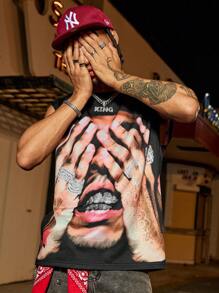 PAVTROS 男式圆领无袖图案印花休闲背心 说唱歌手 T 恤 图案 T 恤 男式 图案 T 恤 图案 T 恤 男式 图案 T 恤 图案 T 恤 男式 - 黑色 - 查看 4