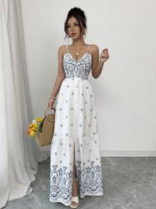 Chiquease Women's V-Neck Spaghetti Strap Retro Waist Drawstring Split Hem Floral Print Dress, Suitable For Spring/Summer Island Vacation - White - View 5