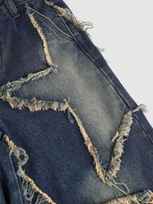 SHEIN Tween Girls Y2K Vintage Washed Star Patched Printed,Belt Loop, Frayed Edge,Denim Capri Baggy Jeans Long Shorts With Raw Hem, Casual & Fashionable For Everyday Wear,School,Streetwear