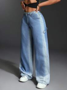 SHEIN BAE 女士复古水洗低腰阔腿牛仔裤