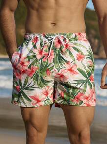 Manfinity Swimmode Men's Tropical Plant Print Drawstring Waist Casual Beach Shorts Men Swim Trunks - Multicolor - View 5