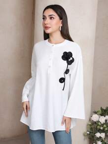 Veilorie 女士 3D 花卉装饰喇叭袖阿拉伯风格衬衫 - 白色 - 查看 3