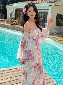 DAZY Vestido midi con hombros descubiertos y flores completas para mujeres, vestido largo de manga larga con estampado floral bohemio de otoño - Rojo - Ver 4