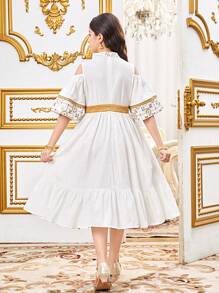 SHEIN Tween Girls Loose Elegant Embroidered Patchwork Ribbon Trim Stand Collar Dress - White - View 2
