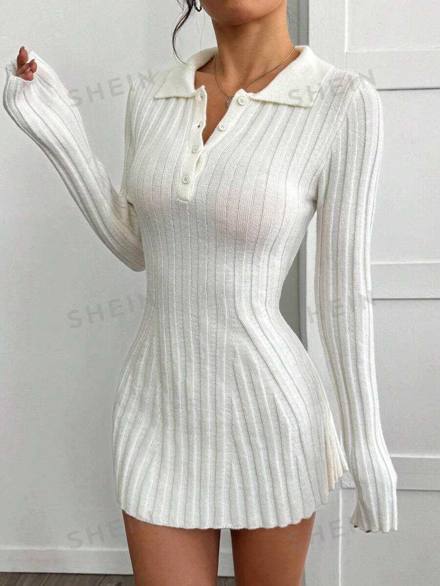 SHEIN EZwear Vestido de punto de línea A con cuello de polo y manga larga, de color liso y casual para mujer