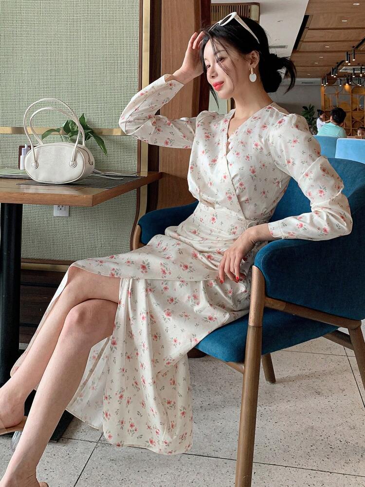 Women Floral Printed Vacation Beach Dress, Spring/Fall Long Sleeve Dress Maxi Dress