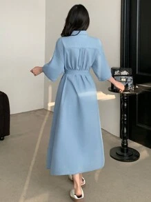 DAZY 女式短袖单排扣口袋休闲牛仔连衣裙 - 藍色 - 查看 6