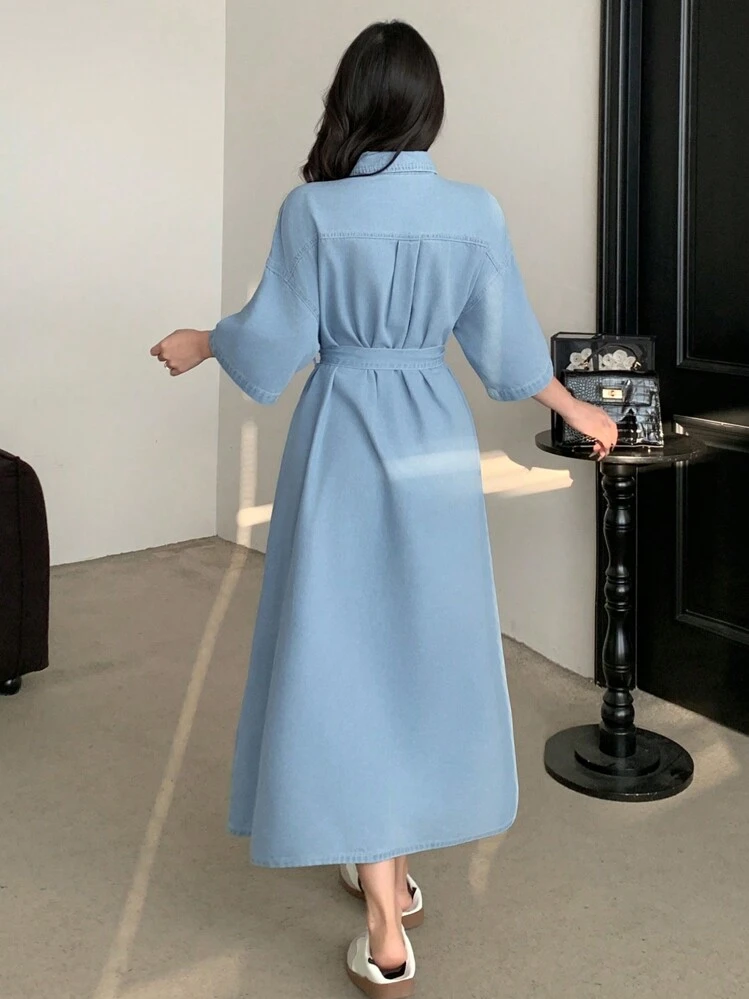 Women's Short Sleeve Single-Breasted Pocket Casual Denim Dress - Blue - View 6