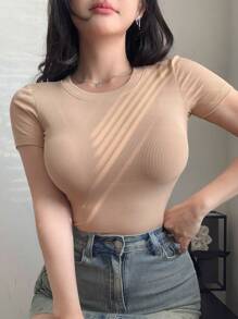 DAZY Women Casual Versatile Solid Color Short Sleeve T-Shirt,Back To School Clothes - Camel - View 5