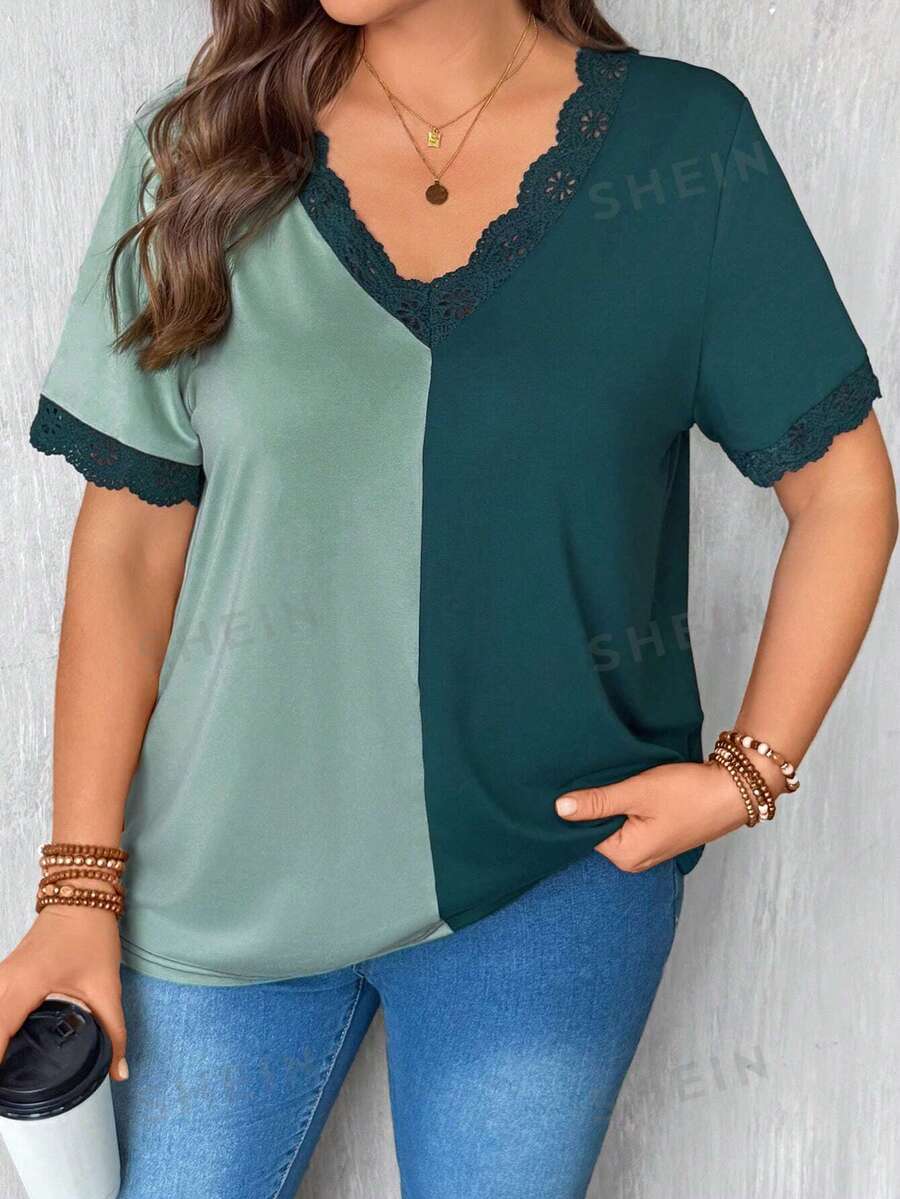 SHEIN LUNE Camiseta casual de talla grande para mujer con cuello en V, en patchwork y encaje