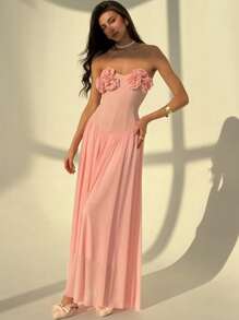 Aloruh Romantic Strapless Floral Decor Form-Fitting Long Dress For Ladies - Baby Pink - View 7
