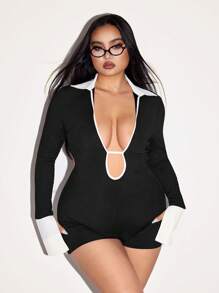 SHEIN ICON Plus Size Color Block Polo Collar Shirt With Split, Long Sleeve Tight Fitting Backless Lace-Up Jumpsuit - Black and White - View 5