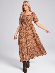 SHEIN LUNE 美国西部乡村风格休闲度假碎花棕色荷叶边下摆长袖连衣裙 - 棕色 - 查看 7
