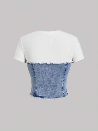 SHEIN MOD Áo thun tay ngắn ôm sát denim thường ngày dành cho nữ, Mùa hè dành cho nữ, Ngày lễ Thánh Patrick, Buổi hòa nhạc dành cho nữ, Trang phục du ngoạn dành cho nữ, Áo mùa hè dễ thương, Áo Rave, Ibiza