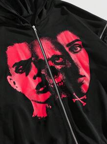 ROMWE MEN Grunge Punk 男士肖像印花可拆袖宽松卫衣连帽衫 - 黑色 - 查看 2