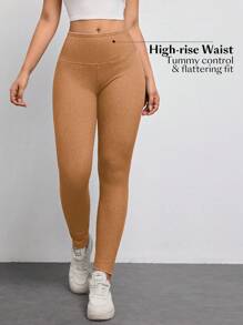 SHEIN Essnce Women's High Waist Skinny Stretchy Knit Casual Versatile Jeans - Orange - View 1