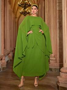 Al Najma Women's Solid Color Round Neck Batwing Sleeve Waist Tie Dress, Arabian Dresses
