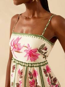 CAJUNI 女士波西米亚风热带花卉印花无袖露背系带前短款连衣裙，休闲夏日海滩度假 - 彩色 - 查看 6