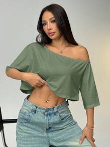 SHEIN EZwear Casual Solid Color Boat Neck Loose Short Hem T-Shirt - Green - View 5