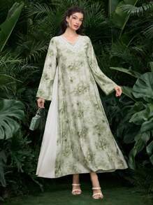 Al Najma New Style Rhinestone Collar Tie Dye Contrast Insert Robe, Arabian Dresses - Green - View 3