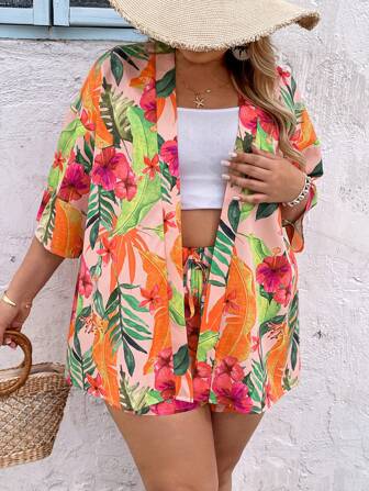 SHEIN VCAY Conjunto de camisa de manga corta con estampado floral y pantalones cortos holgados para talla grande, atuendo de verano para mujer, ropa de playa