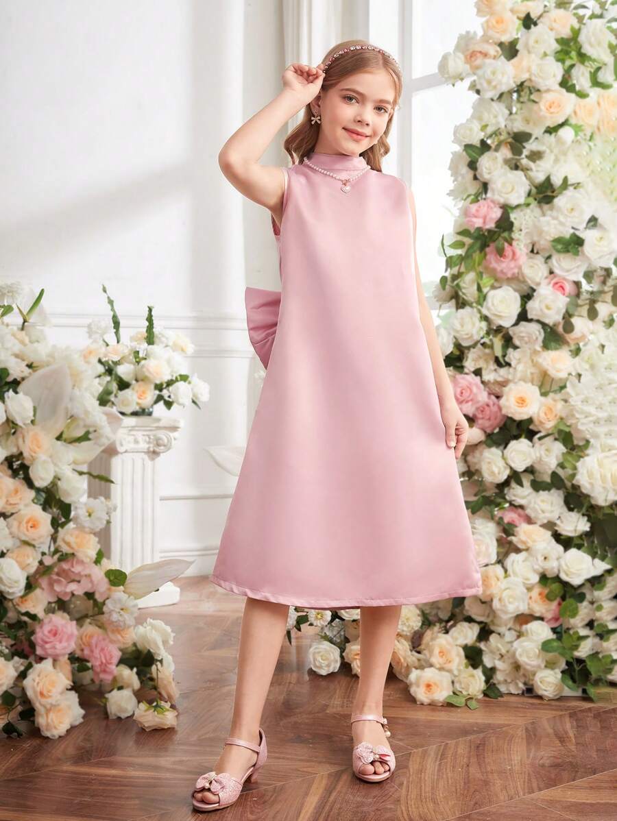 Vestido holgado con cuello de halter sin mangas en línea A, con recorte en la espalda con forma de corazón, encaje, volantes y lazo para niñas preadolescentes - Rosa - Ver 1