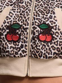 MUSERA Cropped Leopard Print Cherry Embroidered Cuffed Hoodie - Multicolor - View 6