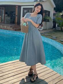 DAZY Women's Vacation Casual Puff Sleeve Waist Cinched Denim Dress